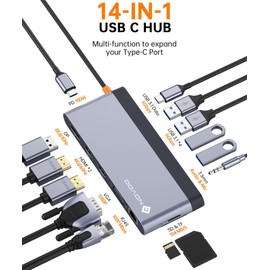 NOVOO USB C Docking Station 4 Monitors 14-in-1 USB C Hub with 4K @ 120Hz DisplayPort, 2 HDMI 4K @ 60Hz, VGA, 4xUSB-A + 1USB-C Data Transfer, PD 100W, Gigabit Ethernet, SD/TF, Audio/Mic for MacBook