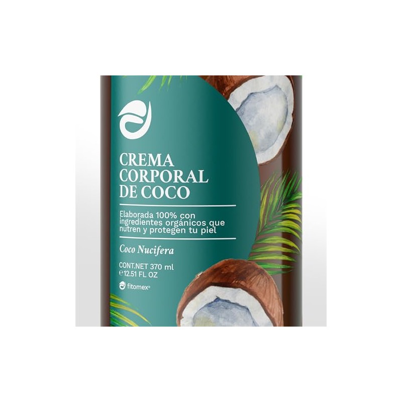 Crema Corporal de Coco Orgánica, Loción Hidratante Natural, 370 ml