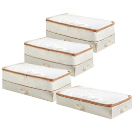 EITMOW Under Bed Storage Container with Double Zippers, Foldable Oxford Fabric Organizer with Clear Top, Hard-Sided, Compressible Clothes & Blanket Bin, 32x16x11.4 Inch (4 Pack, Beige)