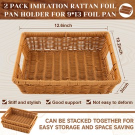 Marsui 2 Pcs Aluminum Foil Pan Holder for 9x13 Disposable Baking Tin Rattan Basket Woven Serving Basket Wicker Bread Basket for Food Containers Party Supplies and Catering