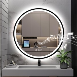 S·BAGNO 24’’ Round Led Bathroom Mirror with Lights, Bathroom Vanity Wall Mirror with Buletooth, Anti-Fog, Stepless Dimmable, 3 Colors, Tempered Glass Lighted Makeup Mirror for Bathroom