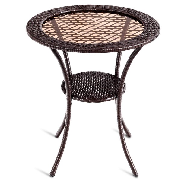 Tangkula 25 inch Patio Wicker Coffee Table Outdoor Backyard Lawn Balcony Pool Round Tempered Glass Top Rattan Steel Frame Side Table Furniture W/Storage Shelf, Brown