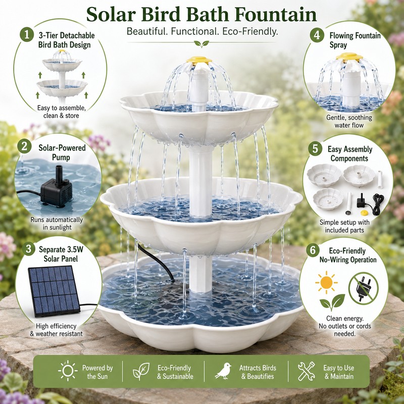 Solar Bird Bath Fountain for Garden Decor – Detachable 3-Tier