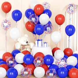 Red Blue Balloons,50 Pcs 12 Inch Red Royal Blue White Confetti Latex Balloons with 2 Ribbons for Boys Kids Birthday Baby Shower Graduation Hero Theme Party Decorations