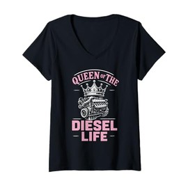 Womens Queen Of The Diesel Life Lady Trailer Truck Driver V-Neck T-Shirt
