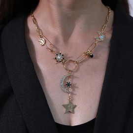 Gothic Star Tassel Charm Choker Necklace For Women 14k Gold Plated Trendy CZ Crystal Sun Moon Flower Pendant Chunky Safety Pin Paperclip Cuban Link Chain Hip Hop 80s Jewelry Gift Anniversary Christmas