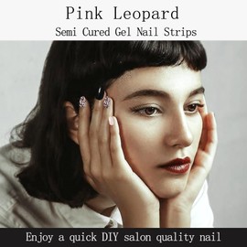 IQXGE Black Pink Semi Cured Gel Nail Strips 20Pcs Leopard Gel Nail Stickers UV/LED Light Needed Full Polish Self Adhesive Nails Wraps with Design Glossy Nails Polish Strips for Women