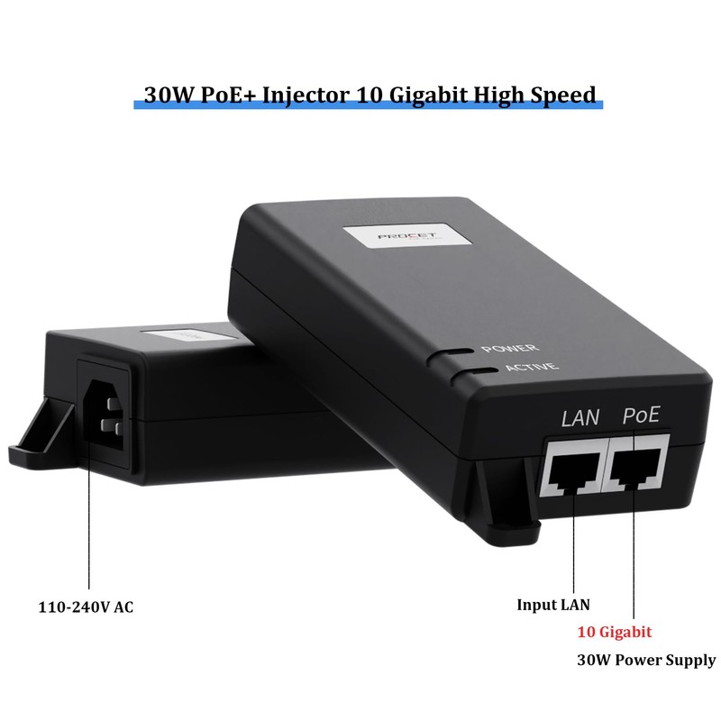 PROCET 30W 10 Gigabit PoE Injector IEEE802.3at PoE Power Supply