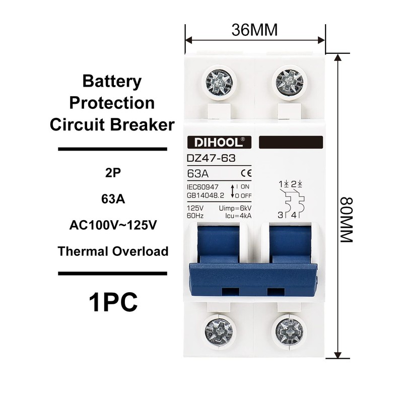 DIHOOL AC Miniature Circuit Breaker,2 Pole 63 Amp 110V Low