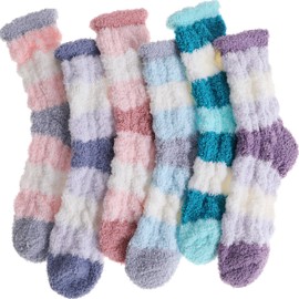 Anlisim Womens Fuzzy Socks Cozy Fluffy Winter Cabin Slipper Warm Fleece Soft Thick Comfy Gift Stocking Stuffer Christmas Home Socks(Wide Stripe(6 Pairs))