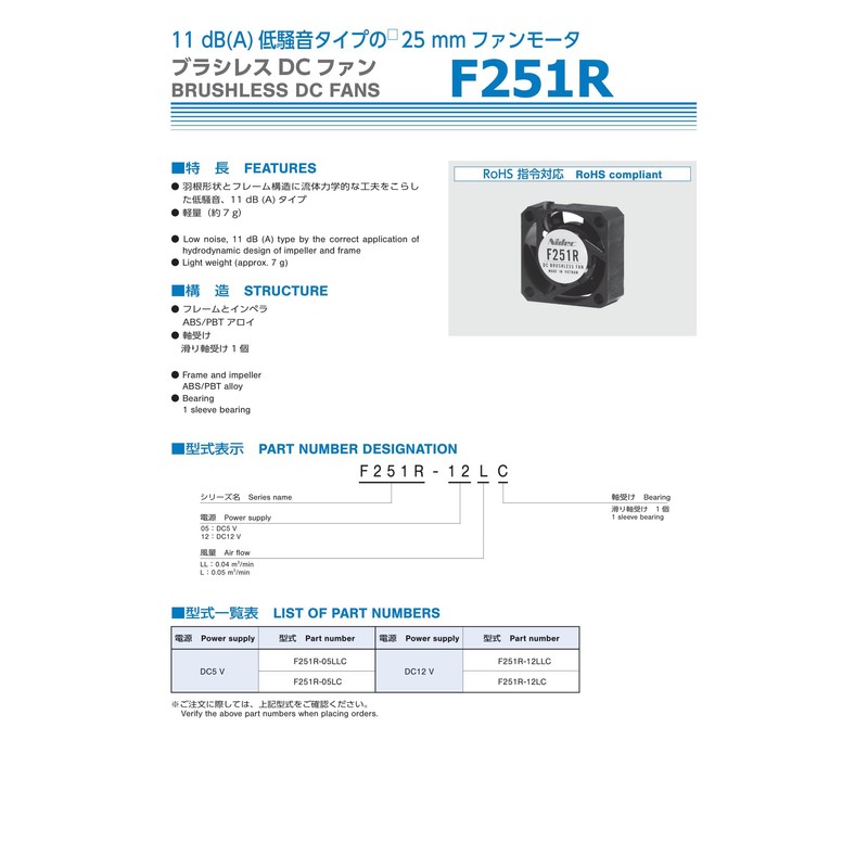 F251R-05LC 5V 25mm Square Fan Motor Nidec Precision