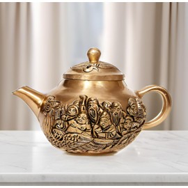 Purpledip Decorative Teapot Brass Monks in Chinese Boat (12261)