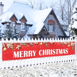 Large Merry Christmas Banner Xmas Outdoor Decorations Double Printed Red Stars Presents 120" x 20" Huge Yard Sign Holiday Party Supplies Backdrop Home Decor Ornaments for Garden House Fence Garage Indoor Gifts