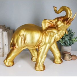 Ebros Gift Thai Buddha Feng Shui Vastu Golden Elephant with Trunk Up Statue 14.25" Long Fengshui Auspicious Symbol of Success Protection Overcoming Obstacles Wealth and Fertility