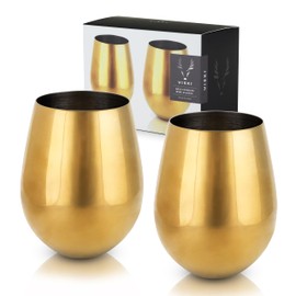 Viski Stemless Wine Glasses, Sleek Stainless Steel Wine Tumblers, Perfect Anniversary and Wedding Gifts, Cocktail Party, Elegant Drinkware, Home Bar Accessories, 18 oz, Set of 2, Gold