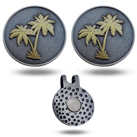 Full Metal Markers Palm Tree Unique Magnetic Metal Golf Ball Marker Accessory with Hat Clip for Men and Women (2 Ball Markers + 1 Hat Clip)