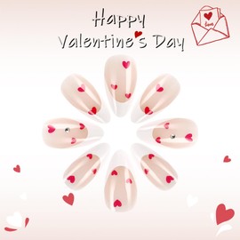 Valentines Press on Nails Rhinestones Stick on Nails 24Pcs Red Love Heart Acrylic Fake Nails Glossy White French Tips Medium Almond False Nails Romantic Gift Gel Glue on Nails for Coquette Women Girls