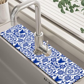 Vintage Bird Heart Floral Dish Drying Mat for Kitchen Sink Navy Blue Sink Splash Guard Faucet Mat Draining Mat Fast Drying Sink Protectors for Kitchen and Bathroom 5.5"×24"