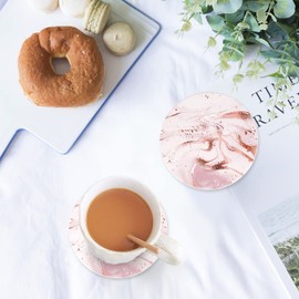 Coasters for Drinks,Pink Marble Coasters Set of 6 with Cork Base,Geichan Absorbent Coasters with Holder for Dining Table,Housewarming Gifts,Home Decor