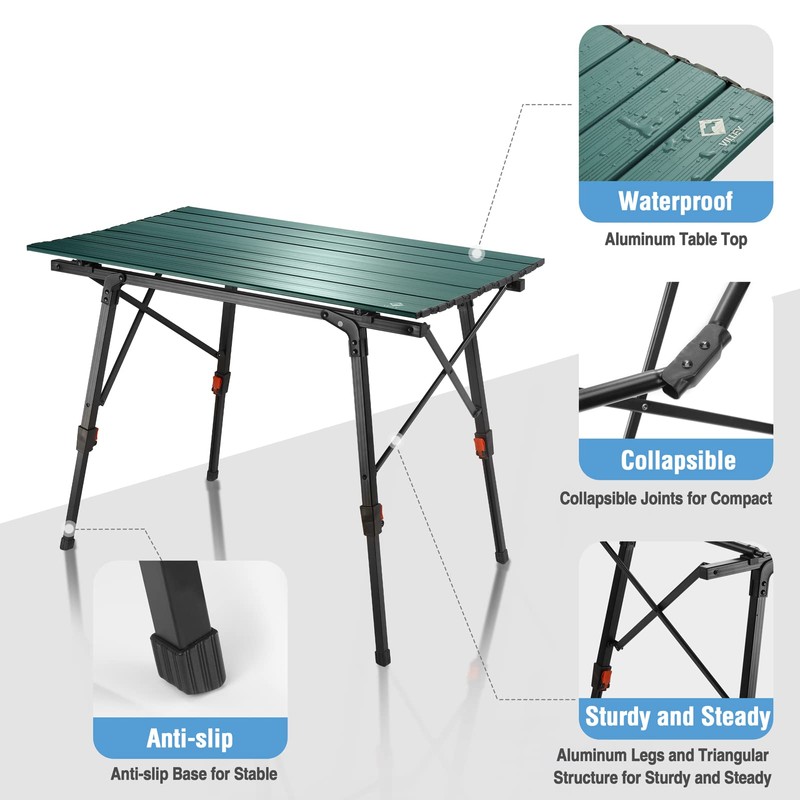 VILLEY Portable Camping Table with Adjustable Legs, Lightweight Aluminum Folding