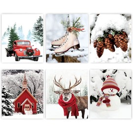 Winter Decor Gallery Wall Art Prints,Nature Wall Art Prints,Deer Print Reindeer Print,Christmas Wall Decor With Winter Snowy Forest Scene ，Xmas Party Winter Cottage Artworks Set of 6(8"x10"Unframed)