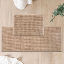 FRESHMINT Chenille Bathroom Rugs Sets 2 Piece 17"x24"+20"x47", Non-Slip Bath Mats Set for Bathroom, Absorbent Bath Rug, Washable Set of 2 Shower Floor Mat Runner, Beige