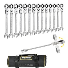 Enventor - Juego de 14 llaves de carraca métricas de 6-19 mm, cabeza flexible de 180°, acero CR-V, 72 dientes, juego de llaves de carraca combinadas de 12 puntos con bolsa enrollable