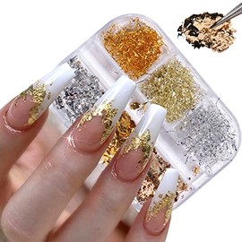 Holographic Nail Foil Flakes 3D Sparkly Aluminum Foil Glitter Sequins Nail Art Supplies Gold Silver Nail Art Foil Glitter Paillettes Line Strip Nail Glitter Flakes for Acrylic Nails Design (6 Grids)