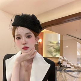 Wedding Hat with Veil Vintage Bow Fascinator Hats for Women (AU, Alpha, One Size, MM1413Black)