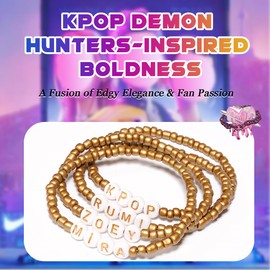 AICase for Golden Kpop Demon Hunters Merch Rumi Zoey Mira Inspired Bracelets 3 Pcs Stackable Stretch Friendship Beaded Bracelets for Huntrix k pop Merchandise Jewelry Gifts for Fans Women Men_Gold