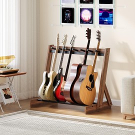 MAHANCRIS Guitar Stand, Guitar Rack for Multiple Instruments, Multi-Guitar Storage for 3 Acoustic, 5-6 Electric or Bass, Wooden Floor Acoustic Stand, Instrument Rack Holder, for Home Music Studio, Walnut and Black GSHA7501