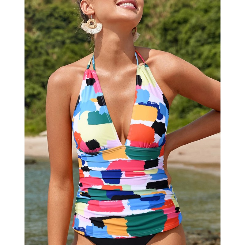 Yonique - Tankini con cuello en V para mujer, sin