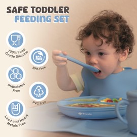 Bluubi Silicone Baby Feeding Set - Infant Tableware for First Foods & Baby, Led Weaning (0+ Months), Easy to Clean, Durable, Perfect for Baby Boy or Girl, Solid Feeding - Blue - Deluxe