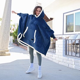 Catalonia Classy Oversize Poncho Hoodie Blanket Warm Gifts for Women, Fluffy Cuddly Jumper Blanket Hoodie Women Girls, Plus Size Portable Blanket with Sleeves Adults Teenagers, Navy