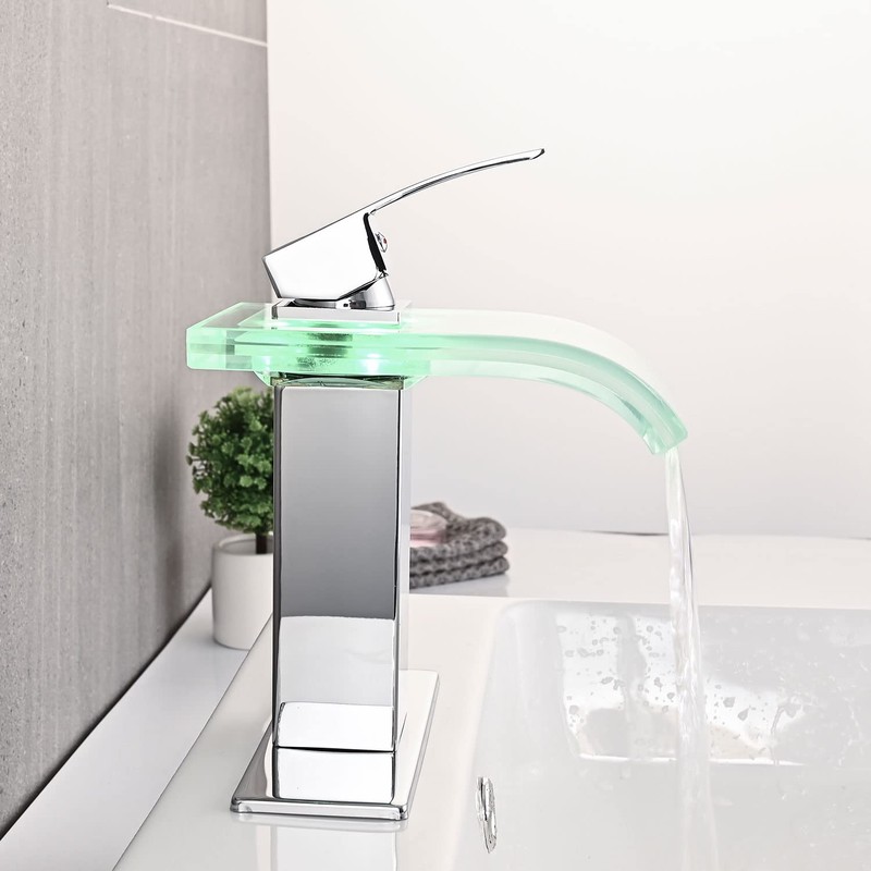 AVSIILE LED Bathroom Sink Faucet, Chrome Waterfall Single Hole Handle