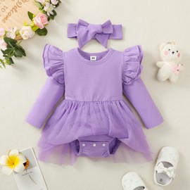 Baby Girl Ruffle Sleeve Romper Dress Outfit Newborn Princess Tulle Dresses Infant Jumpsuit Tutu Skirt Set Clothes (Purple-Long Sleeve, 12-18 Months)