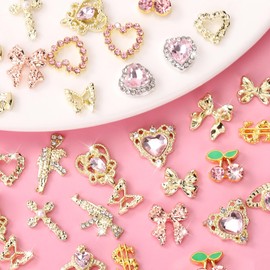 FINGCRO 30 Pcs 3D Y2K Nail Charms, Gold Cross Butterfly Gun Cherry Heart Planet Nail Gems Charms, Dollar Bows Sailor Moon Nail Art Charms Rhinestones for Nail Art Design DIY Accessories 3