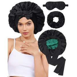 100% Mulberry Silk Bonnet for Sleeping Women Silk Hair Bonnet Elastic Tie Band Hair Wrap with Silk Hair Scrunchies and Silk Sleep Eye Mask(Black+Dark green)