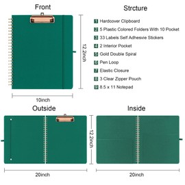Rinrda Clipboard Folio with Storage for Letter Size, Spiral Clipboards with 3 Storage Zipper Pouch, 5 Dividers with 10 Pockets, Refillable Lined Notepad, Hardcover Folio for Work (Dark Green)