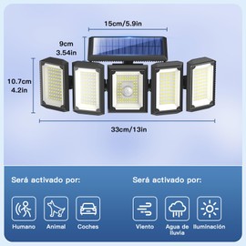 Luces Solares De Exterior, 300led 3 Modos Luz De Inundación De Seguridad,5 Cabezas Luces Sensor Detector De Movimiento,Ip65 Impermeable,360° Luz De Pared Para Garaje Porche Jardín Acceso (1 PACK)