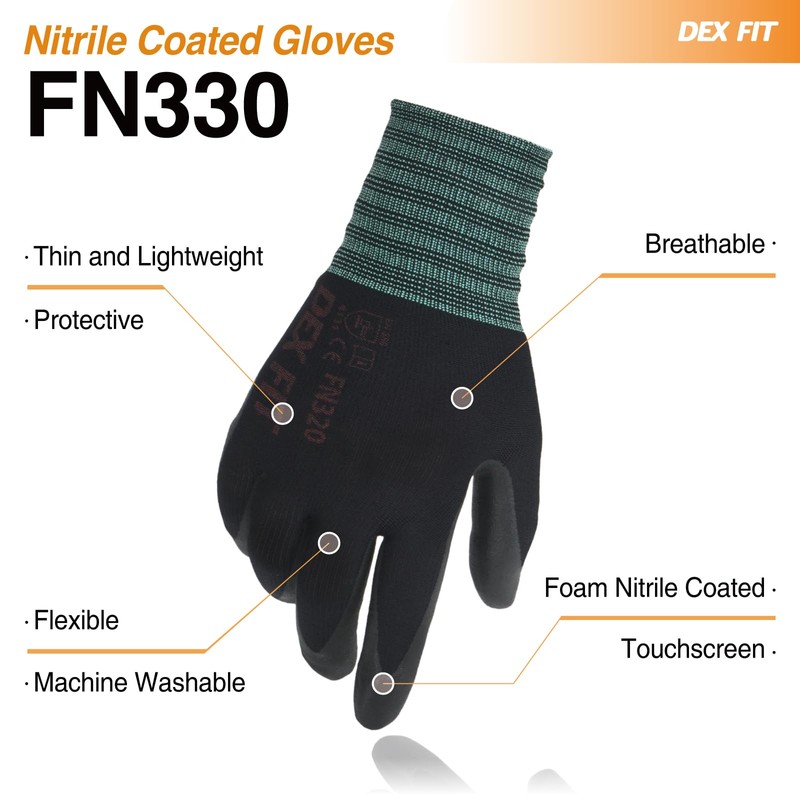 DEX FIT Work Gloves FN330, 3D Comfort Stretch Fit, Power