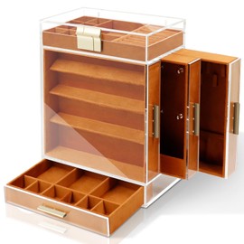 KAMIER Jewelry Boxes for Women, Large Jewelry Organizer with 3 Side Drawers, Transparent Window, Vertical Jewelry Organizer Box for Earrings, Rings, Necklaces, Bracelets, Brown
