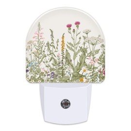 Herbs and Wild Flowers Night Light for Kids,Watercolor Green Botanical Floral Leaves Night Light Plug in with Dusk to Dawn Sensor,0.5w Energy Saving Nightlight for Hallway Stairway Kitchen Bedroom
