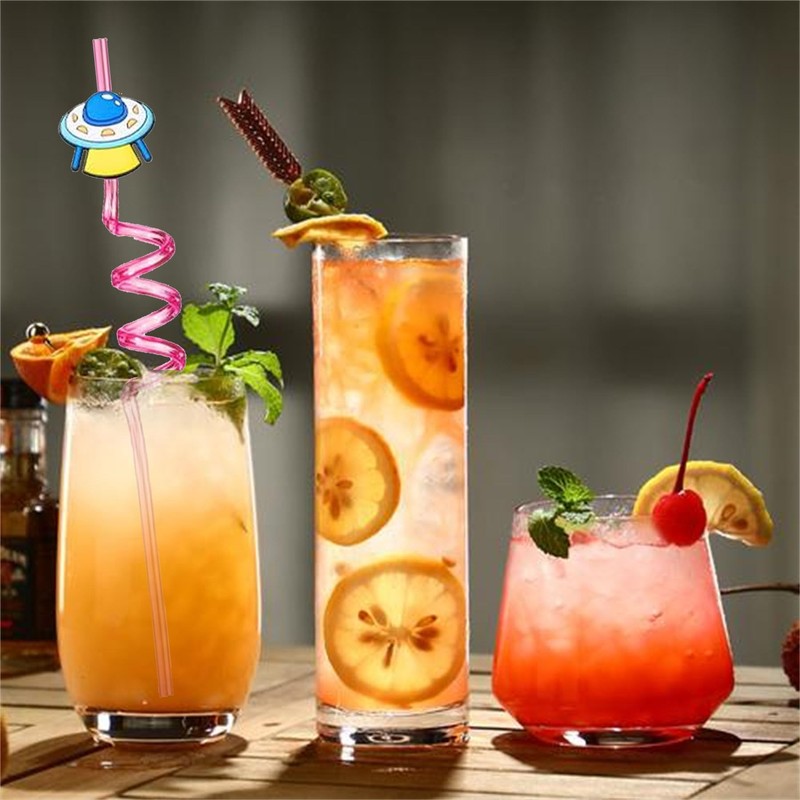 12pcs (6 Styles) Drinking Plastic Straws Reusable Outer Space Design