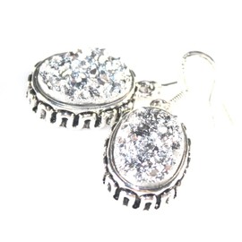 SILVER Vintage Style Shiny Silver Titanium Druzy Oval Earrings