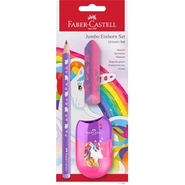 FABER-CASTELL 111528 Unicorn Writing Set with Jumbo Pencil, Sharpener and Eraser, School Set for Children
