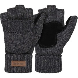 Thermal Insulation Fingerless Texting Wool Gloves for Women and Men Winter Warm Knitted Convertible Mittens Flap - Color: Grey