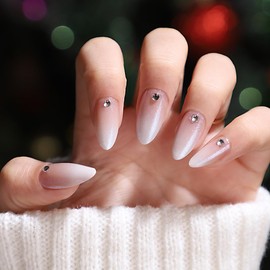 30Pcs Medium Length Press On Nails - Pink Gradient with Rhinestones Stiletto Design, Coffin False Nails Gel Glue on Nails, Fit Perfectly & Natural Reusable Stick on Nails False Nude Almond for Women