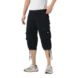 DGWZ Mens Long Cargo Shorts Below Knee 3/4 Stretch Twill Cotton Relaxed Fit Elastic Waist Cargo Shorts for Men Navy Blue