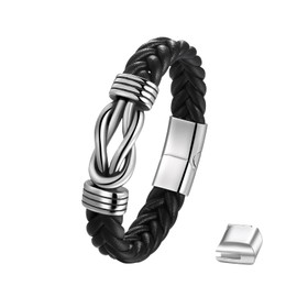 JewelryWe Men's Infinity Leather Bracelet: Black Chunky PU Leather Braided Stainless Steel Adjustable Cuff Bangle Vintage Hip Hop Punk Bracelet Gift for Father Valentine's Day Birthday Christmas
